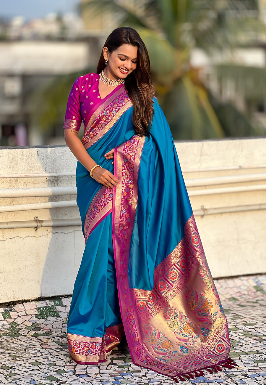 Blue gala silk saree with paithani pallu kadiyal zari woven saree