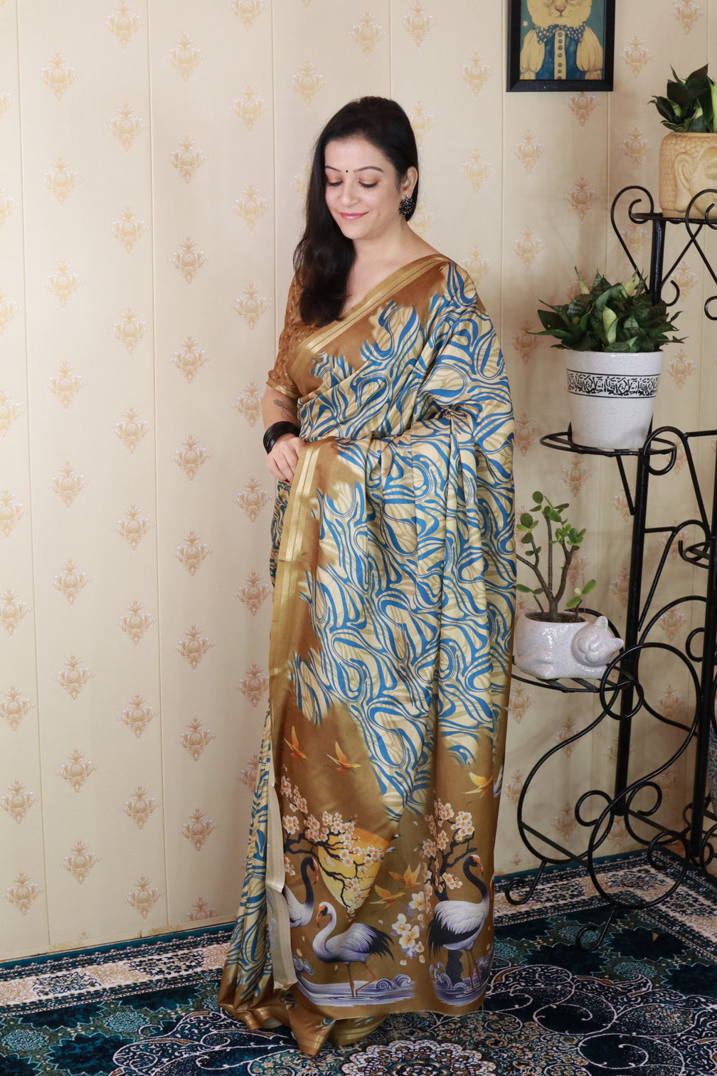 Gold soft tussar silk abstract party wear printed zari woven saree