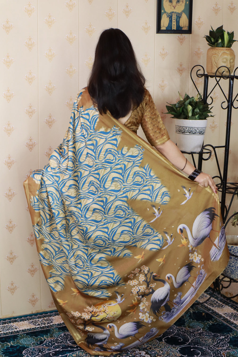 Gold soft tussar silk abstract party wear printed zari woven saree