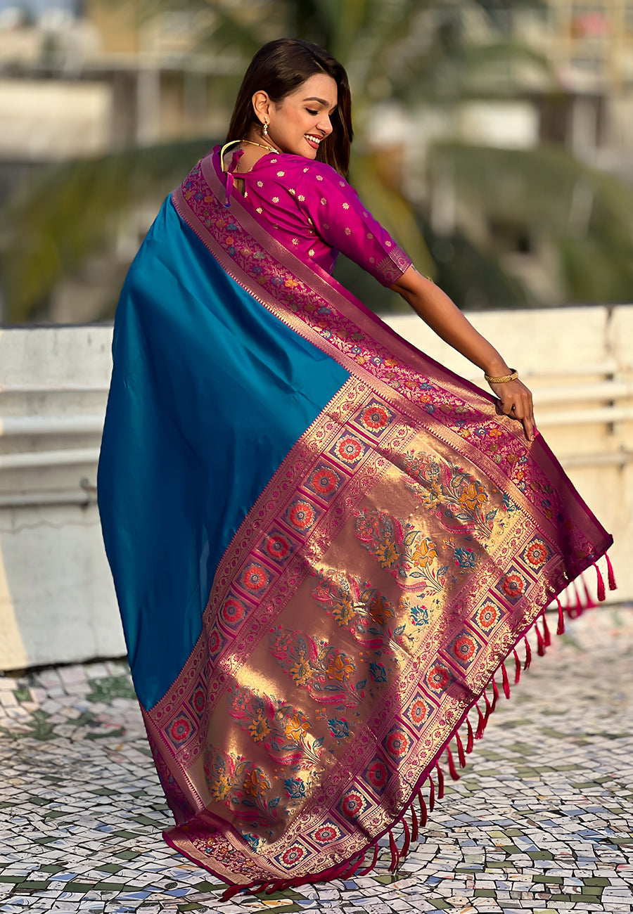 Blue gala silk saree with paithani pallu kadiyal zari woven saree