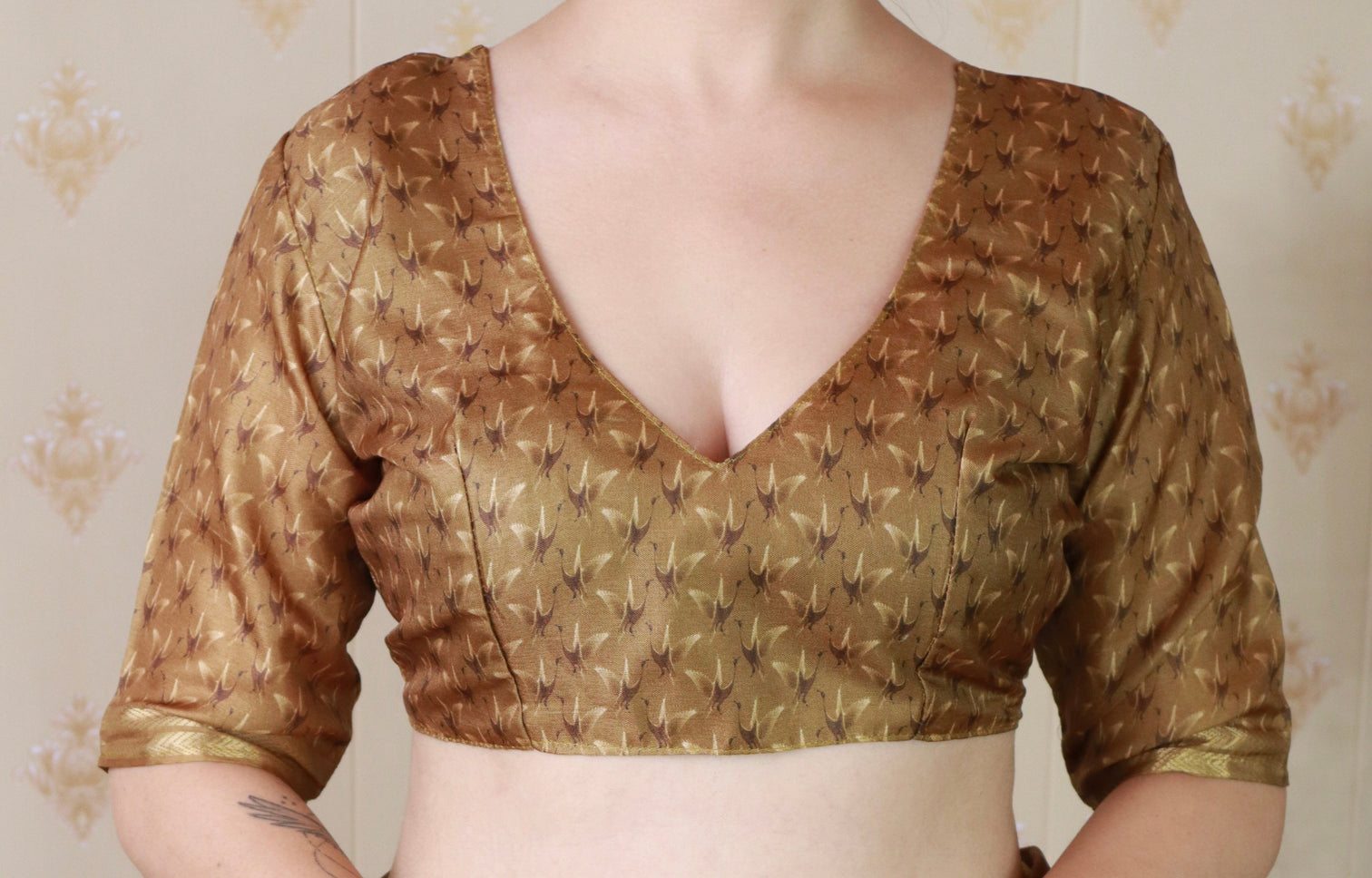 Gold soft tussar silk abstract party wear printed zari woven saree