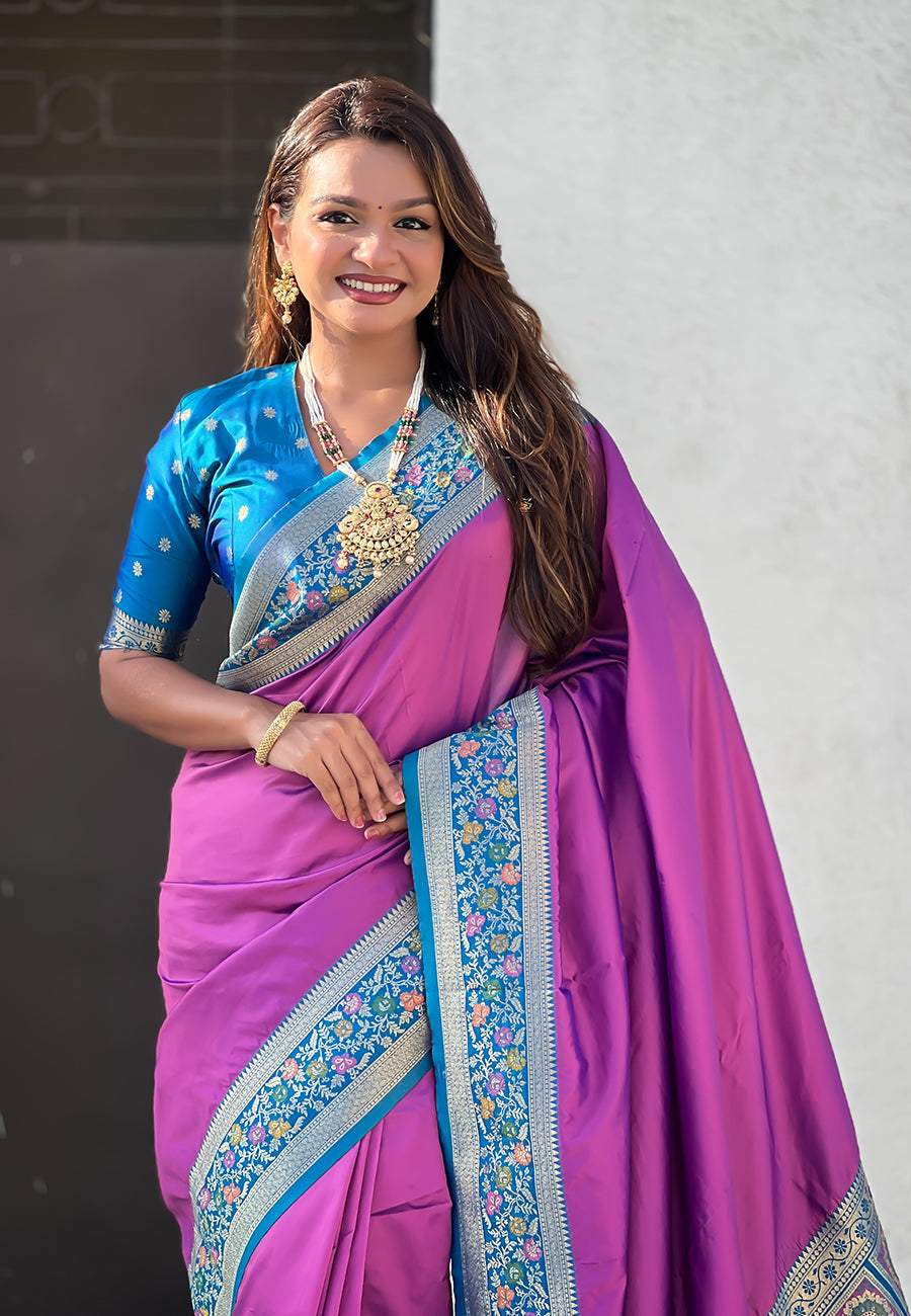 Lavender gala silk saree with paithani pallu kadiyal zari woven saree