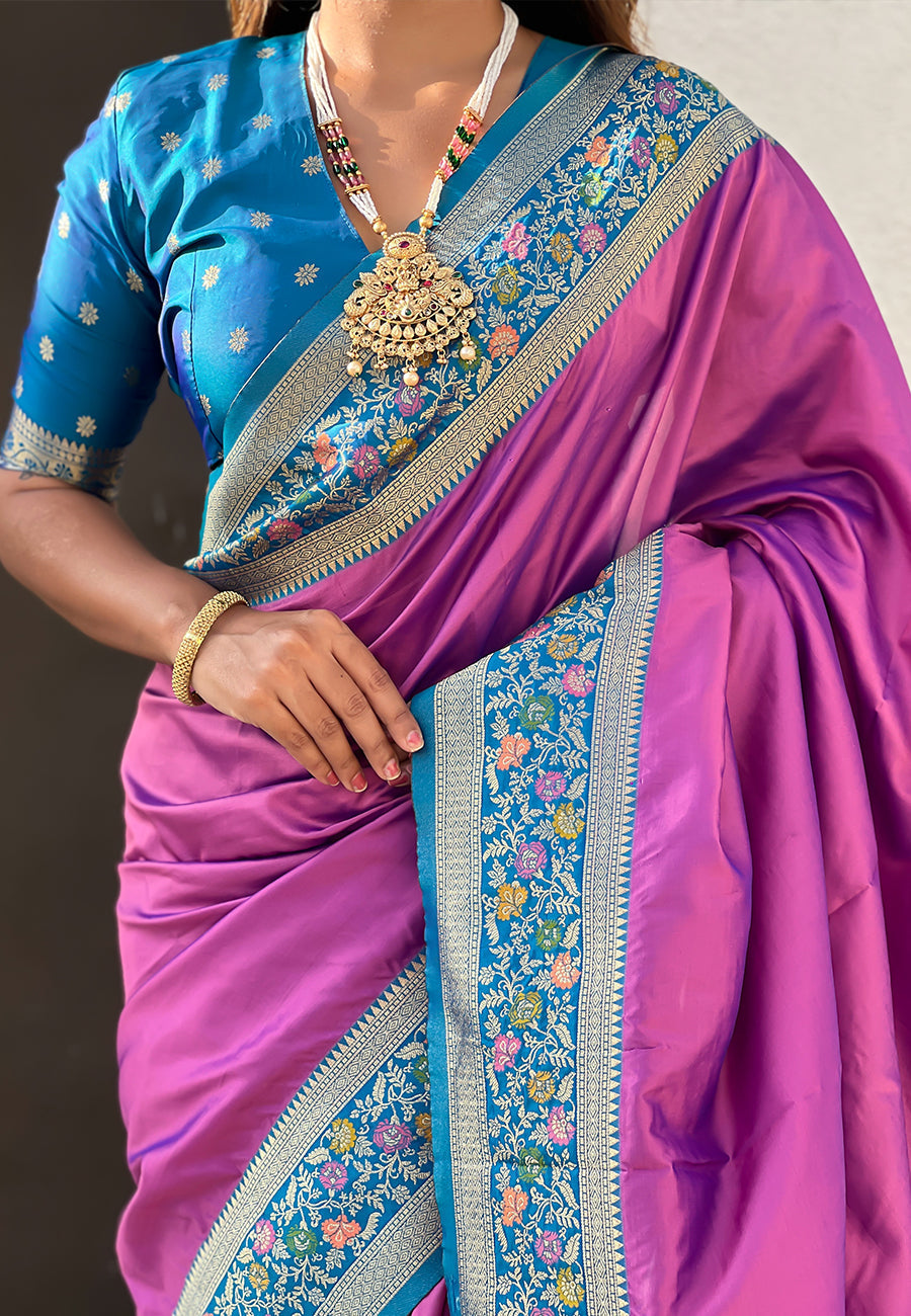 Lavender gala silk saree with paithani pallu kadiyal zari woven saree