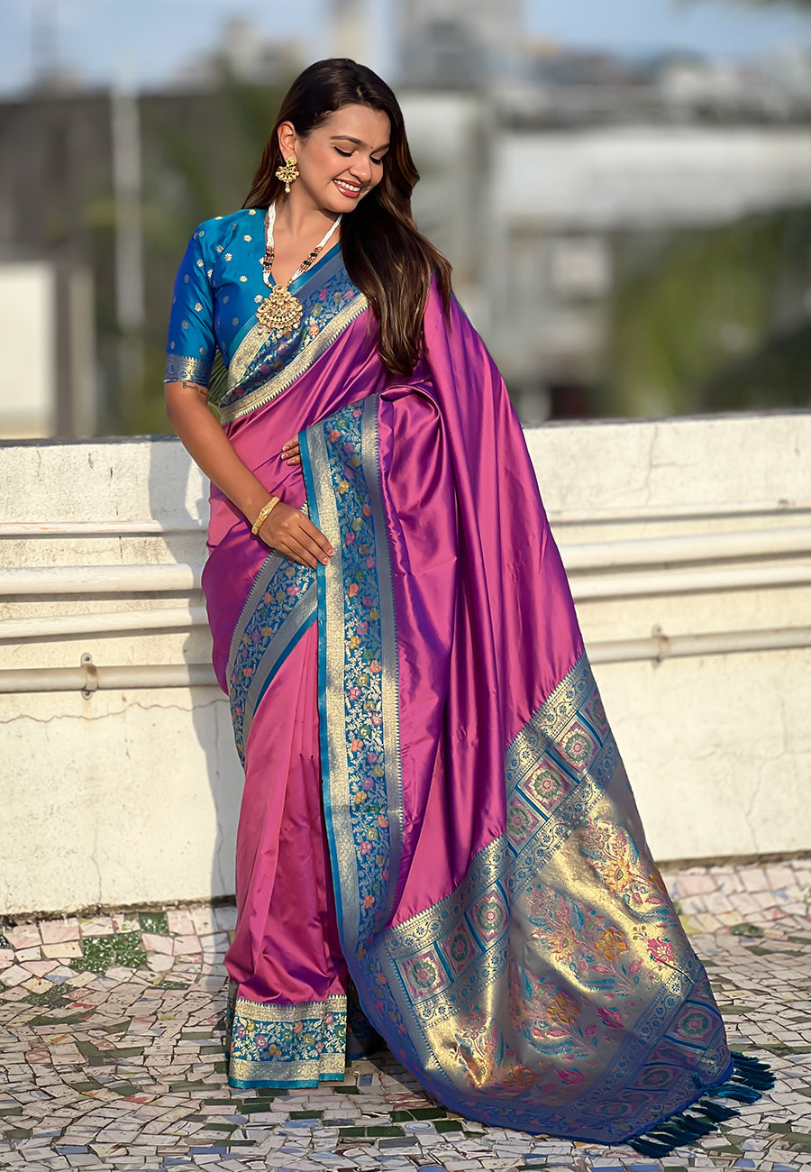 Lavender gala silk saree with paithani pallu kadiyal zari woven saree