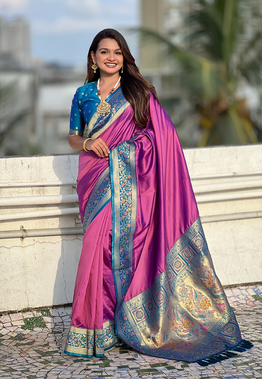 Lavender gala silk saree with paithani pallu kadiyal zari woven saree