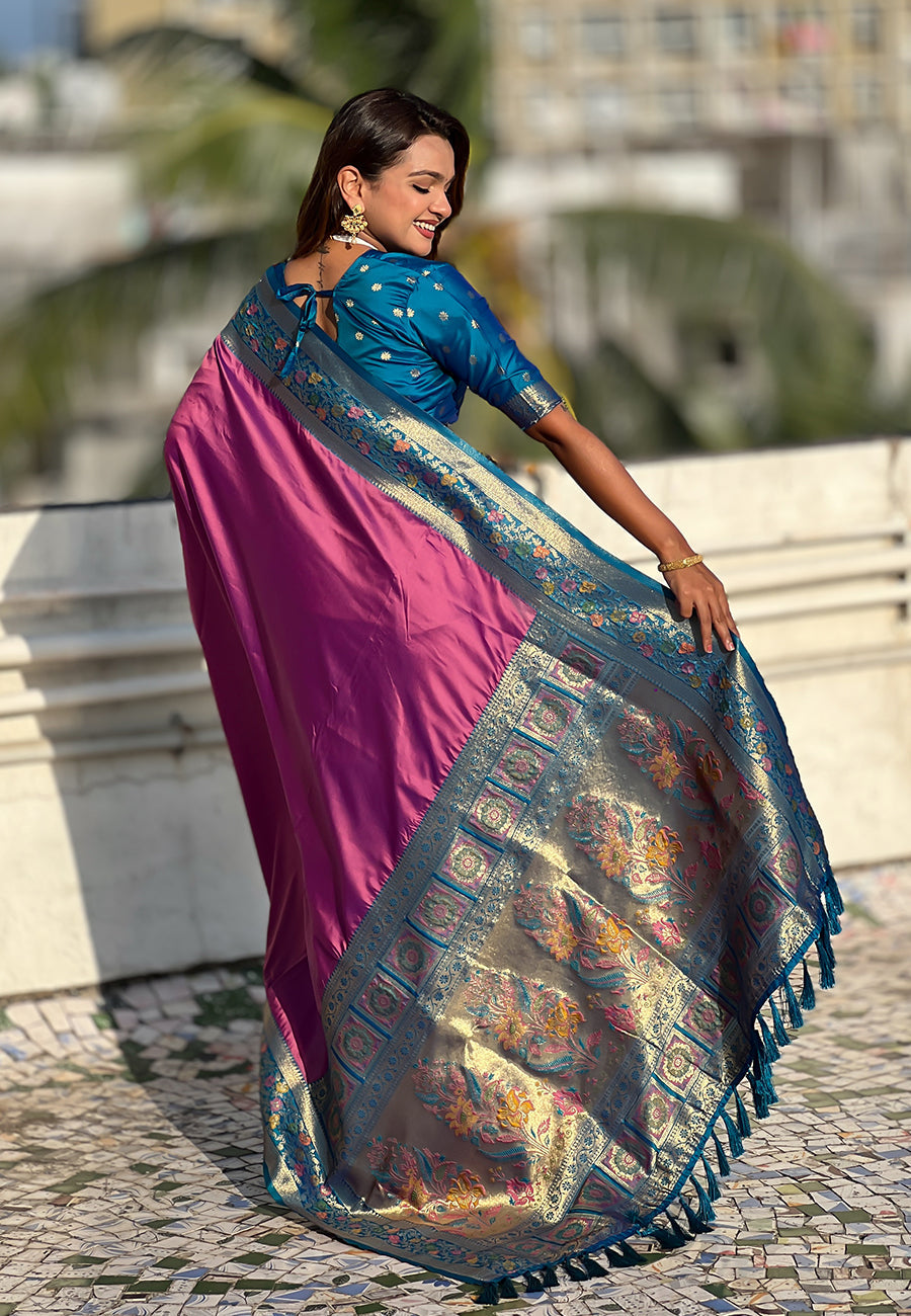 Lavender gala silk saree with paithani pallu kadiyal zari woven saree