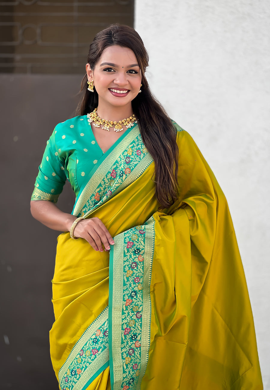 Mehendi green gala silk saree with paithani pallu kadiyal zari woven saree