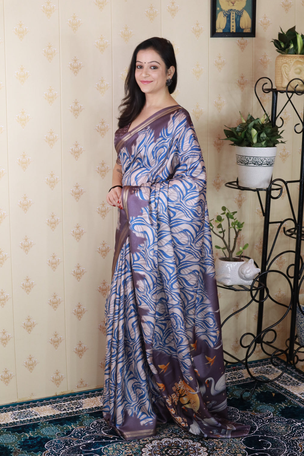 Grey soft tussar silk abstract party wear printed zari woven saree