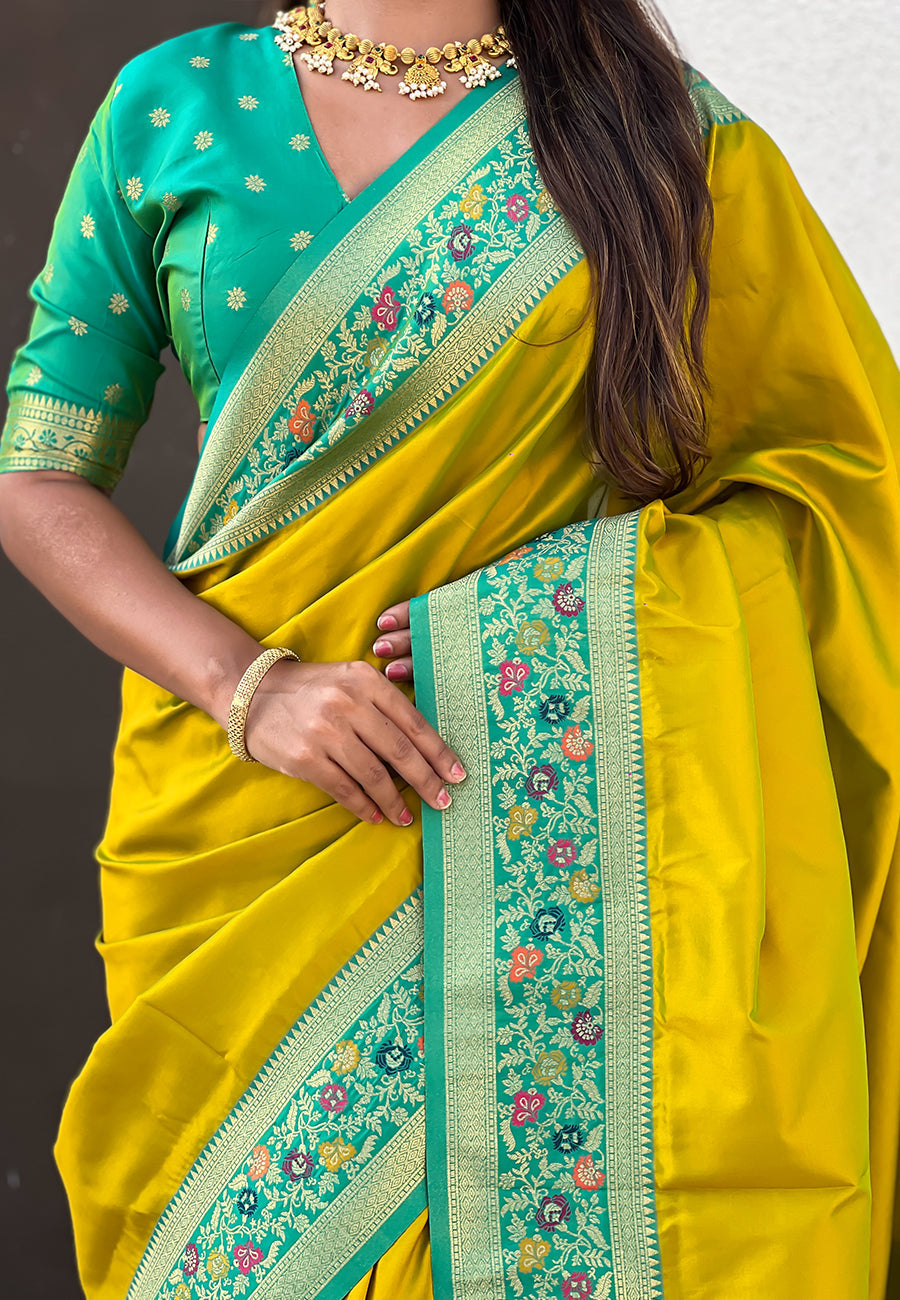 Mehendi green gala silk saree with paithani pallu kadiyal zari woven saree