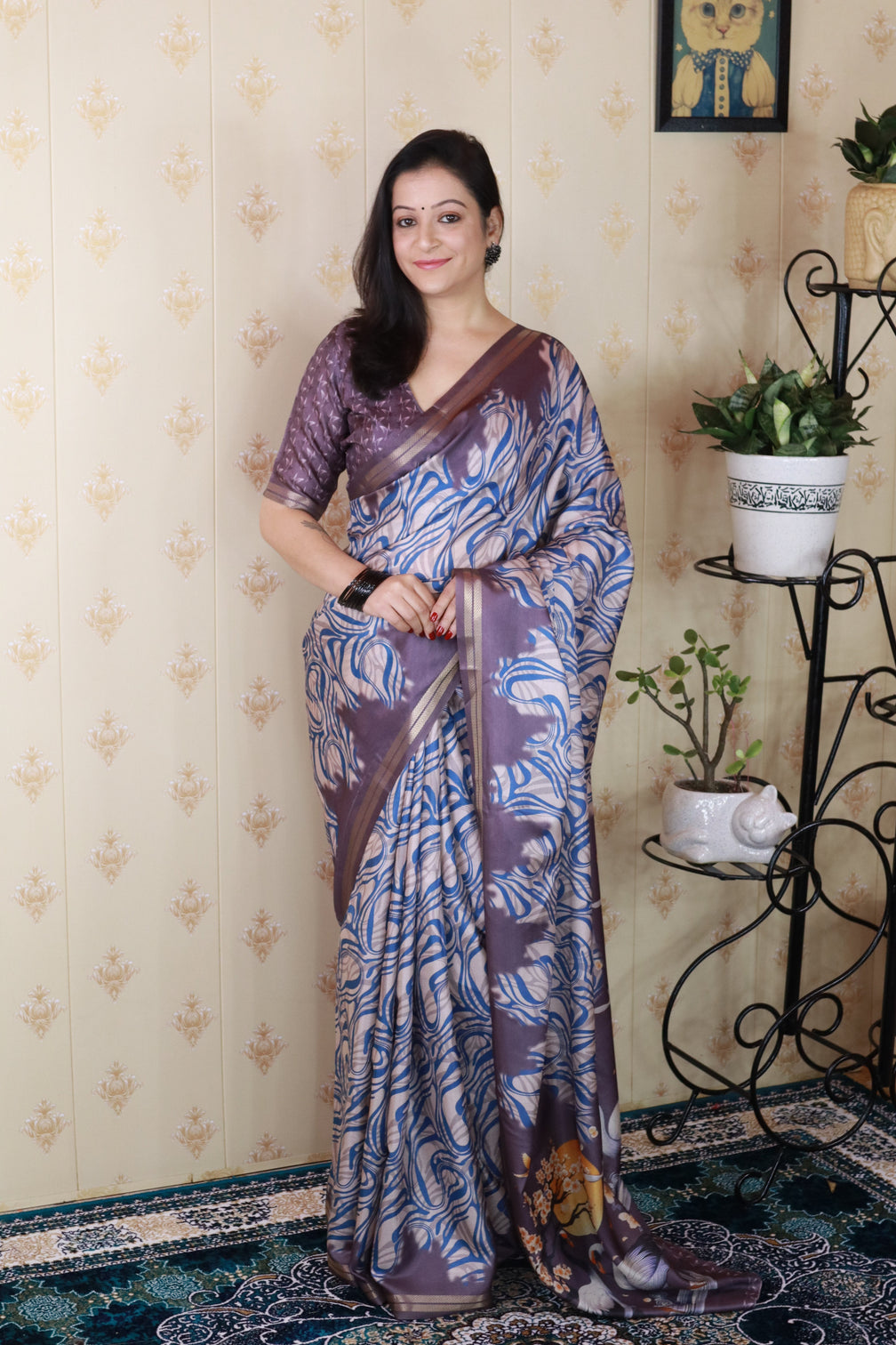 Grey soft tussar silk abstract party wear printed zari woven saree