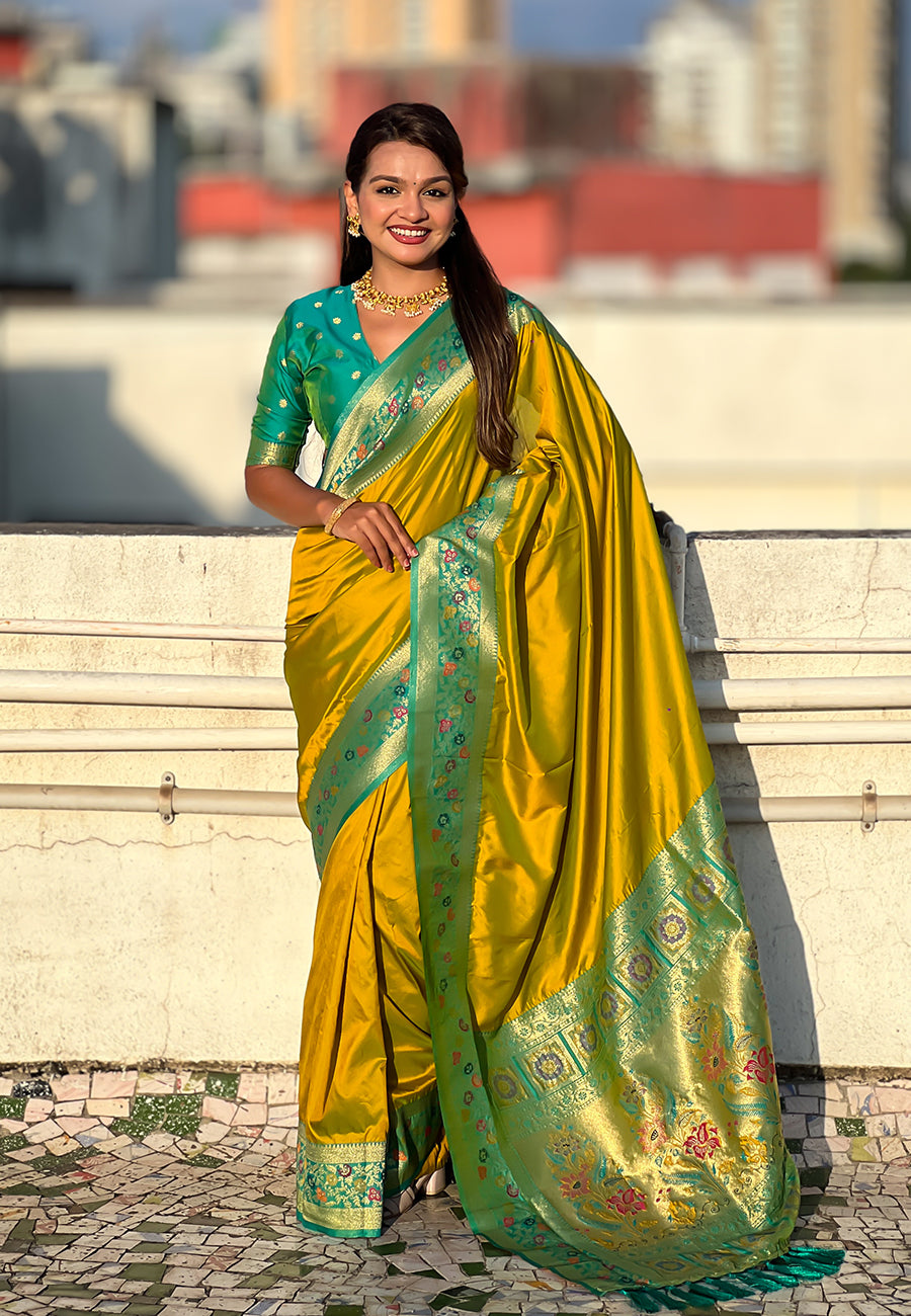 Mehendi green gala silk saree with paithani pallu kadiyal zari woven saree