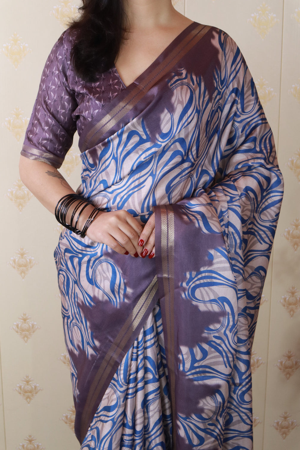 Grey soft tussar silk abstract party wear printed zari woven saree