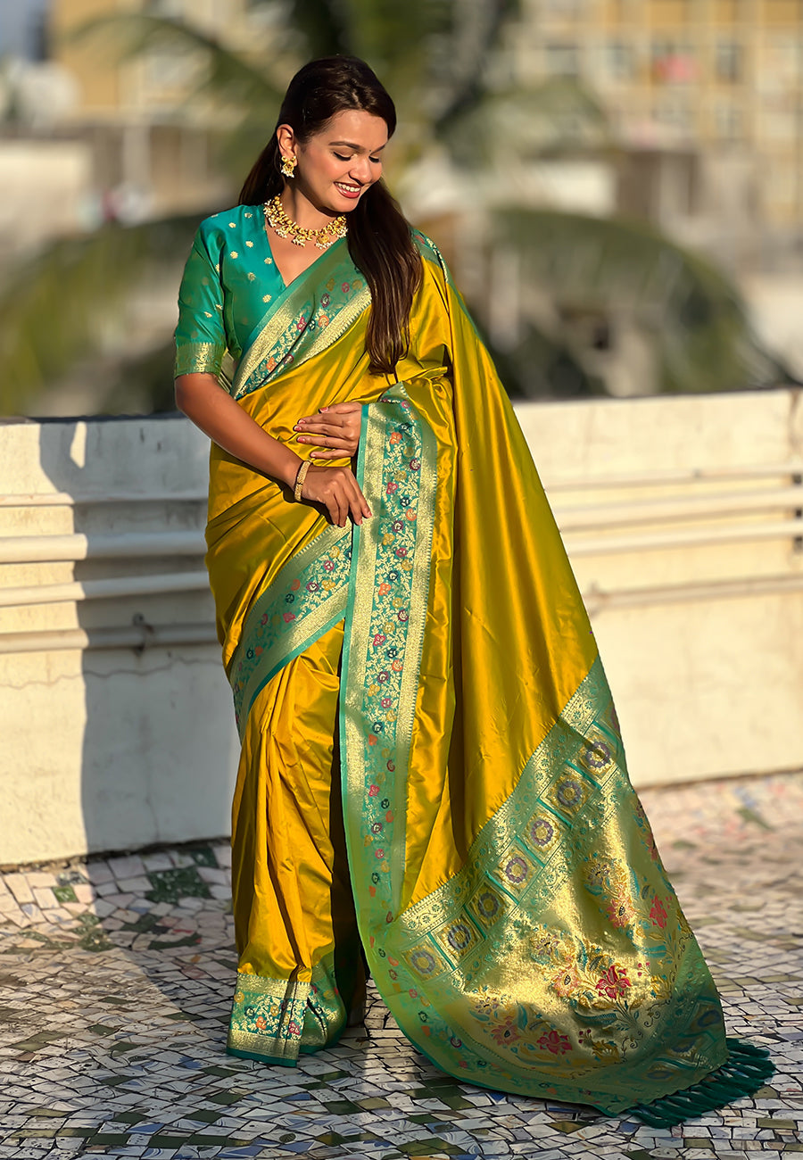 Mehendi green gala silk saree with paithani pallu kadiyal zari woven saree