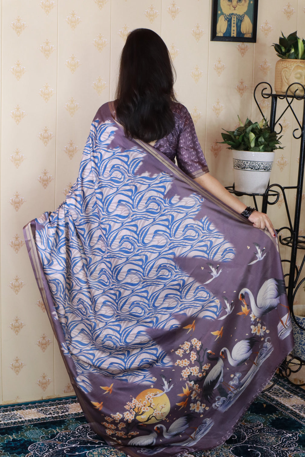 Grey soft tussar silk abstract party wear printed zari woven saree