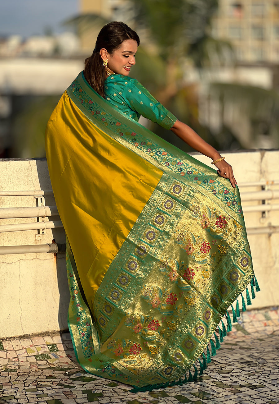 Mehendi green gala silk saree with paithani pallu kadiyal zari woven saree