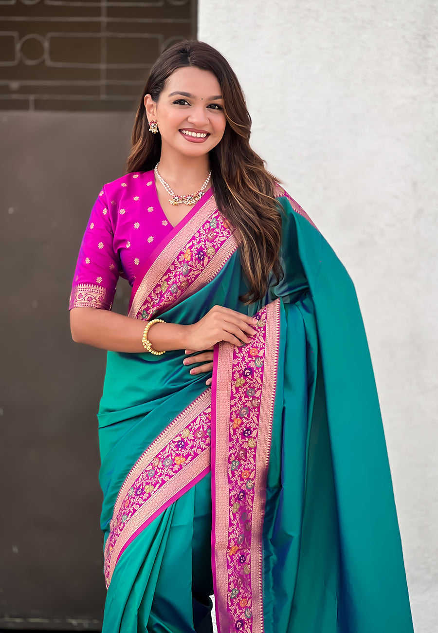 Green gala silk saree with paithani pallu kadiyal zari woven saree