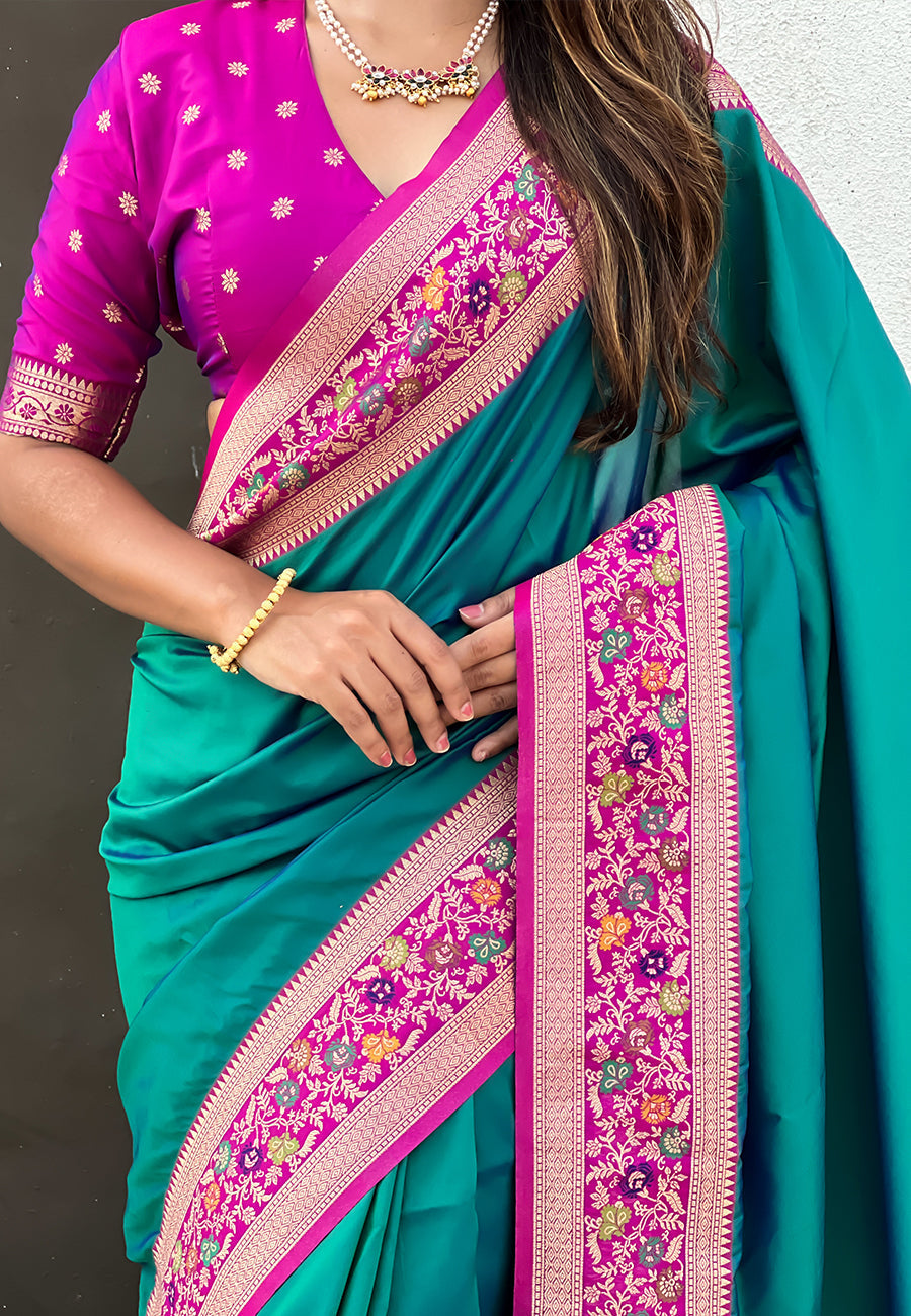 Green gala silk saree with paithani pallu kadiyal zari woven saree