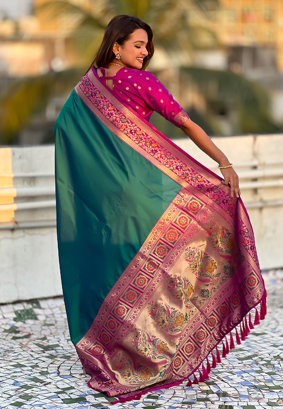 Green gala silk saree with paithani pallu kadiyal zari woven saree