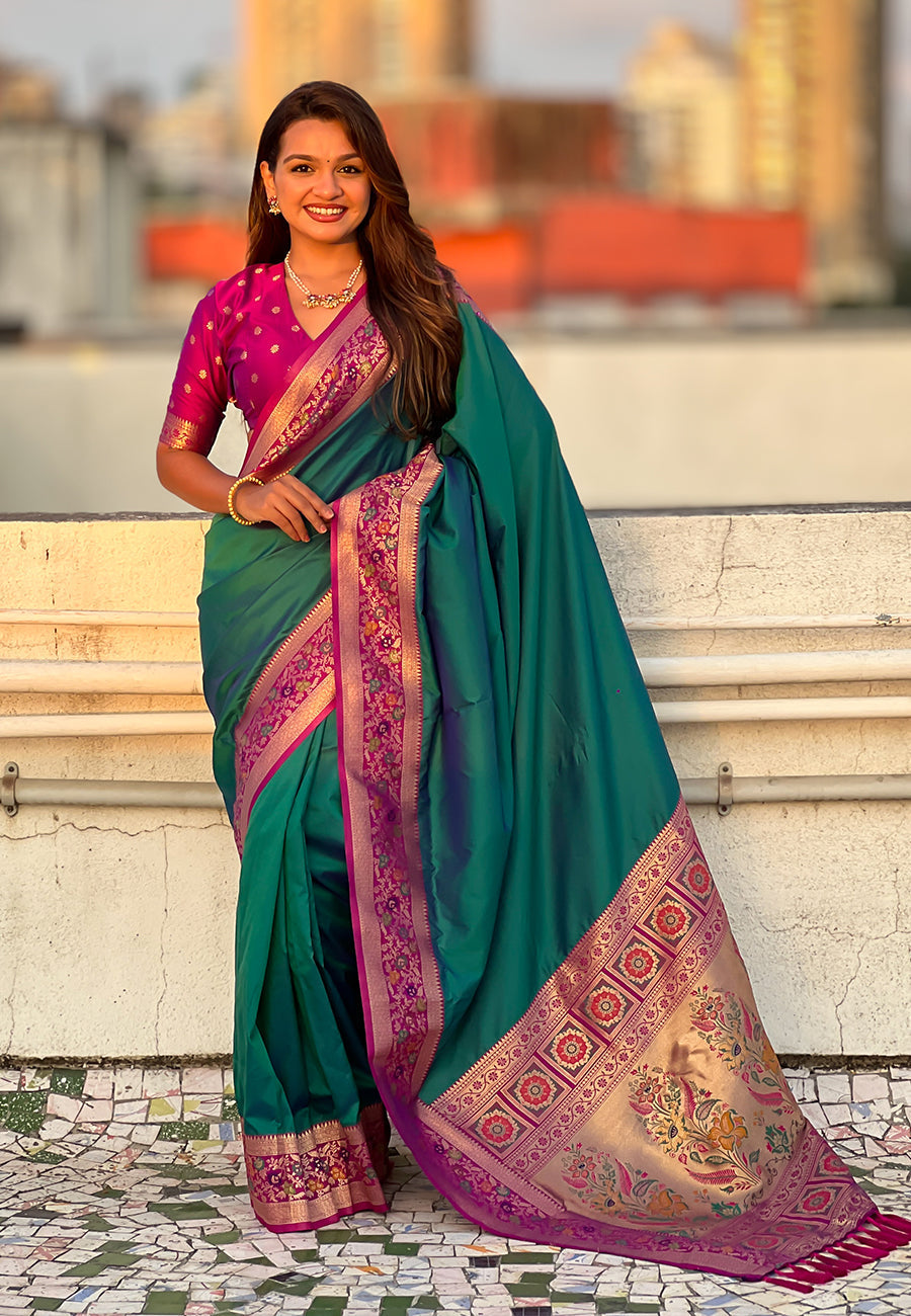 Green gala silk saree with paithani pallu kadiyal zari woven saree