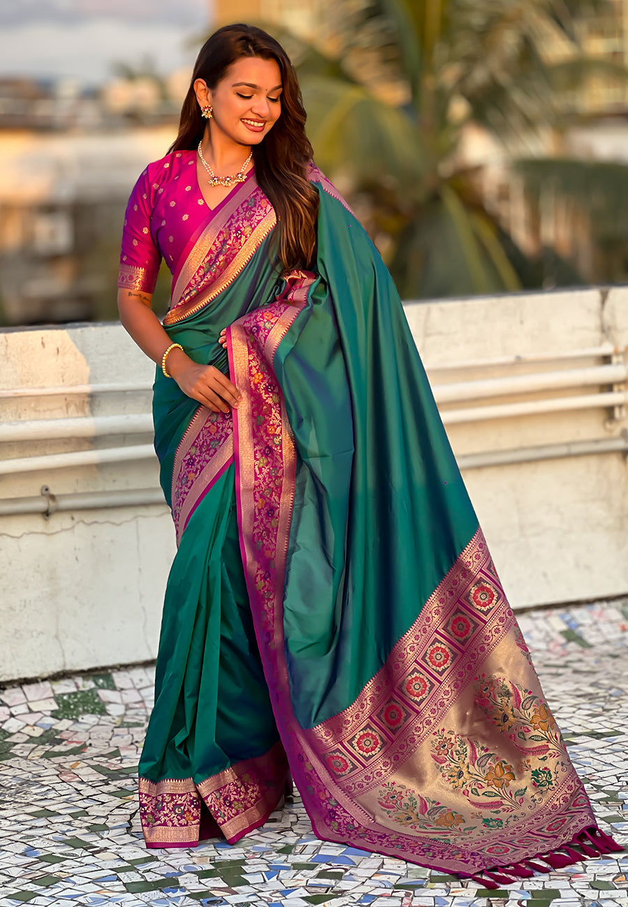 Green gala silk saree with paithani pallu kadiyal zari woven saree