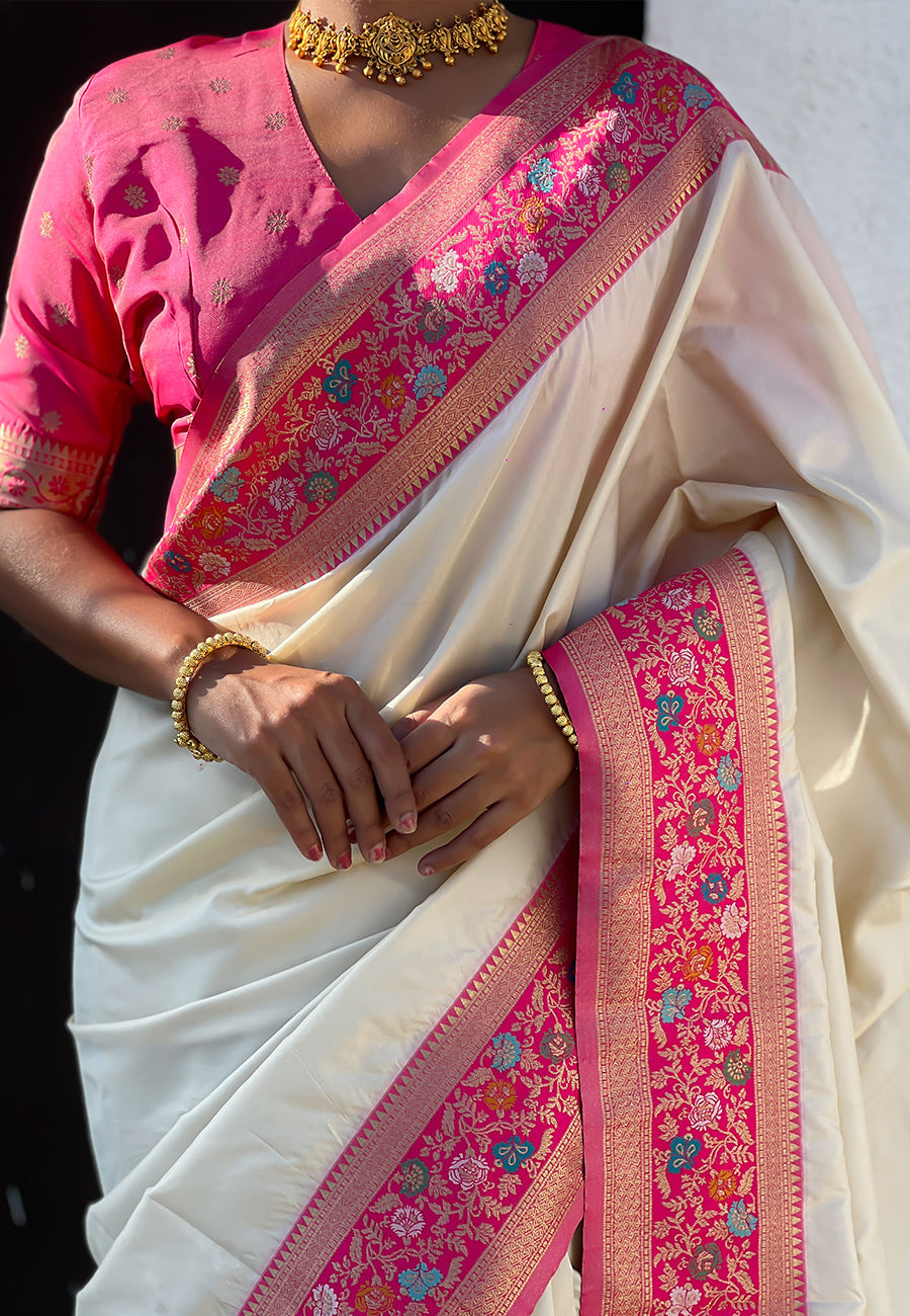 Cream gala silk saree with paithani pallu kadiyal zari woven saree