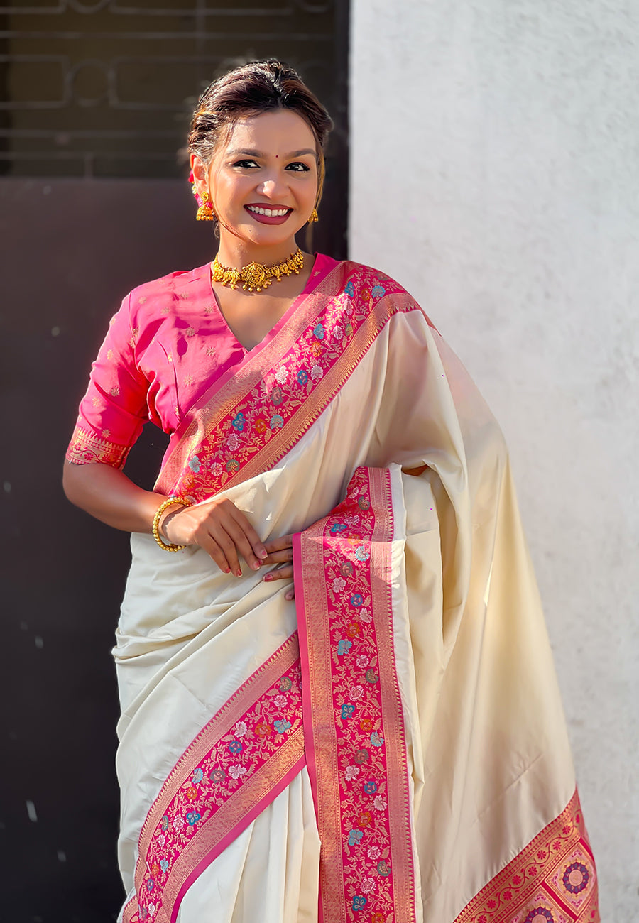 Cream gala silk saree with paithani pallu kadiyal zari woven saree