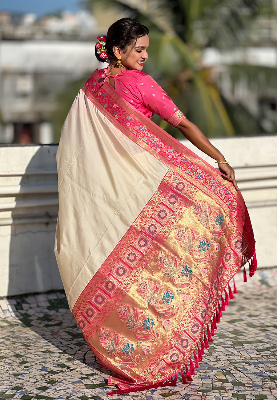 Cream gala silk saree with paithani pallu kadiyal zari woven saree