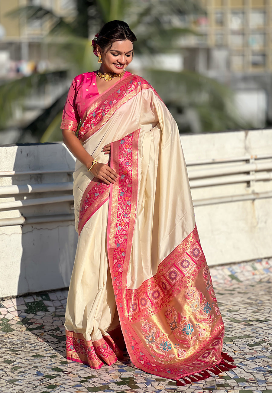 Cream gala silk saree with paithani pallu kadiyal zari woven saree