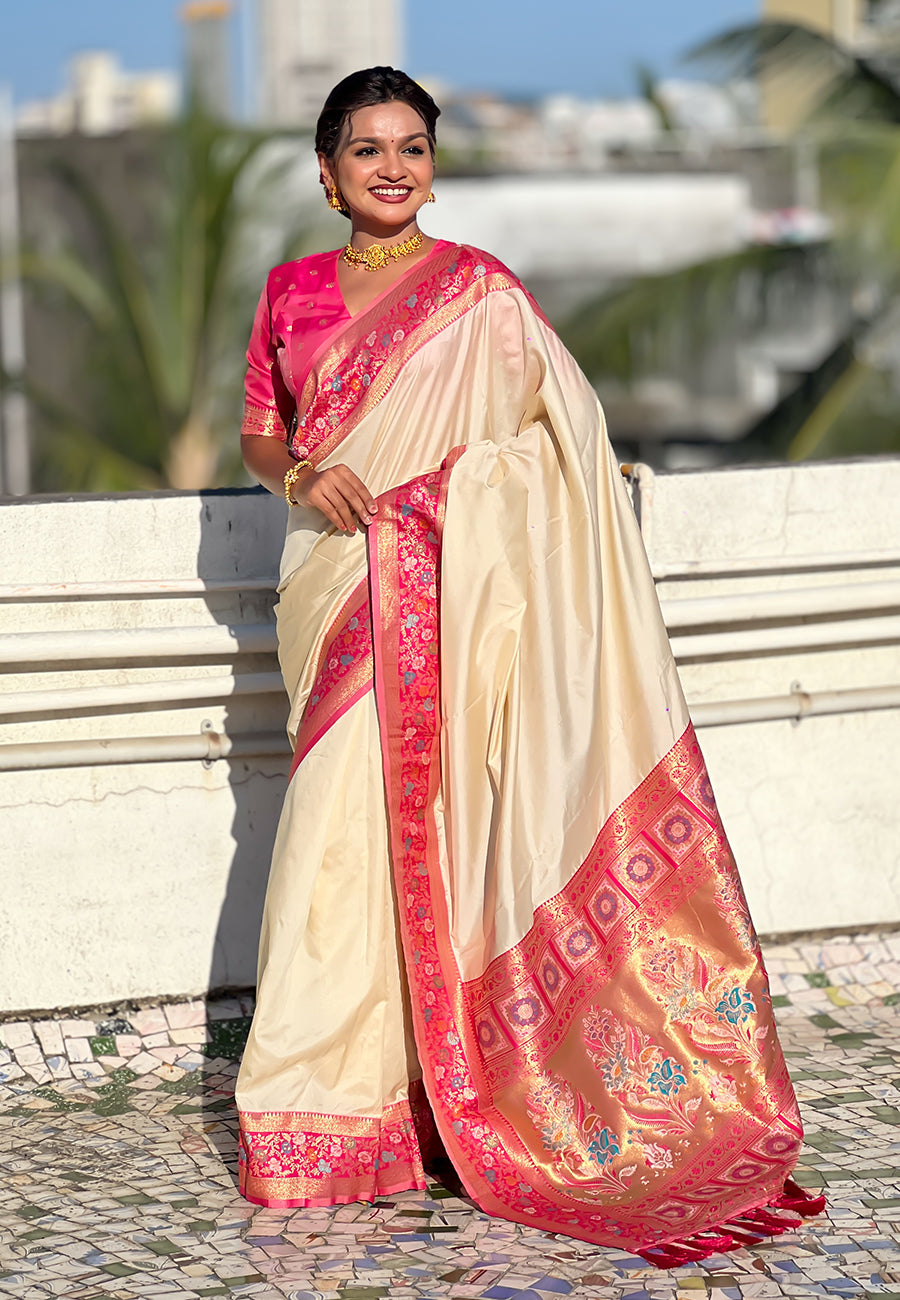 Cream gala silk saree with paithani pallu kadiyal zari woven saree