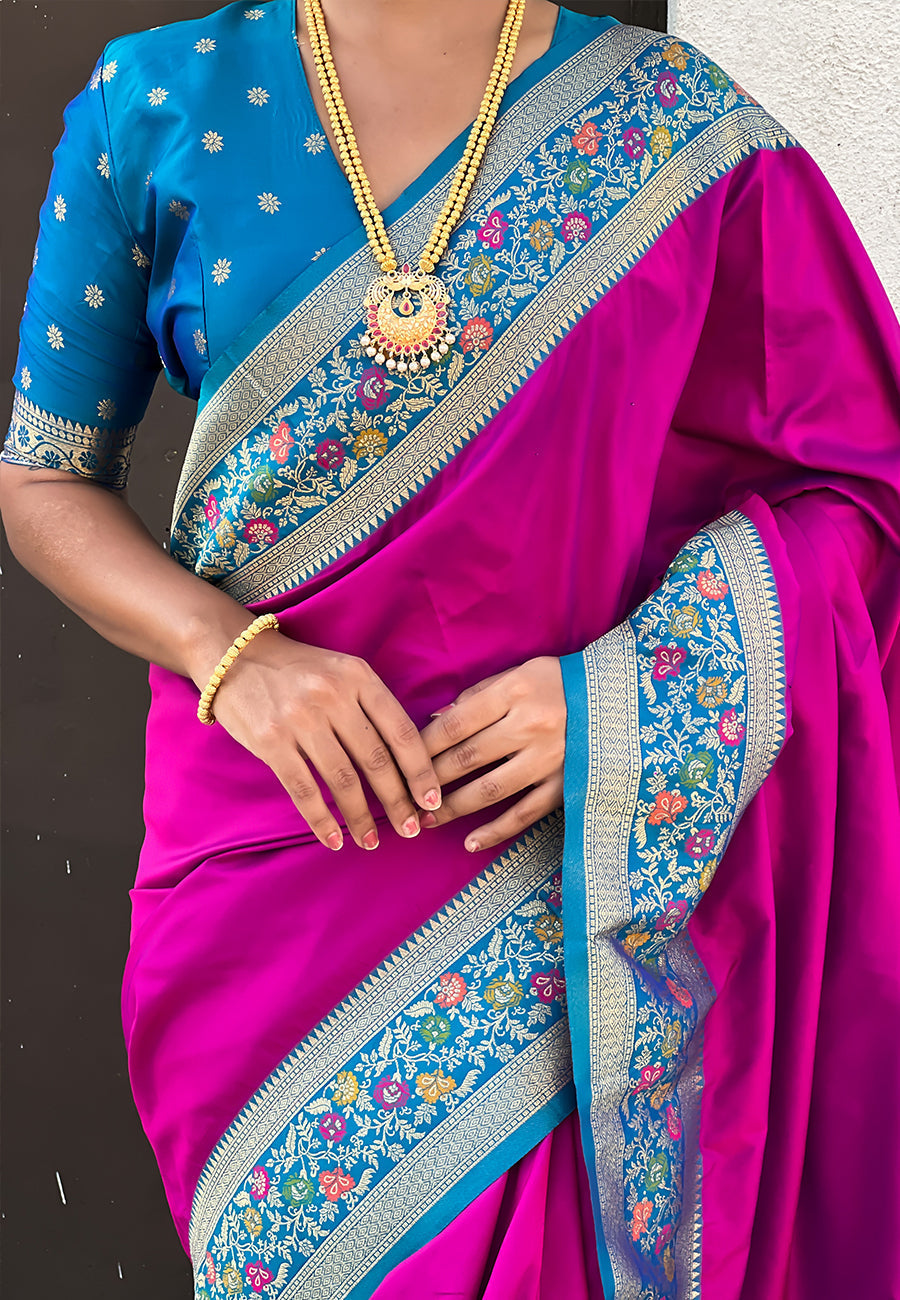 Magenta gala silk saree with paithani pallu kadiyal zari woven saree