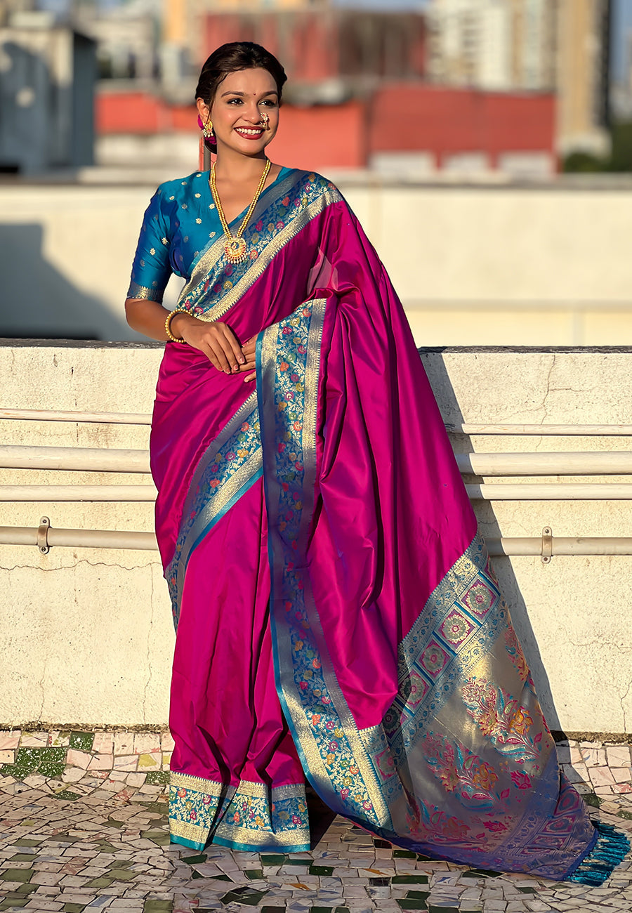 Magenta gala silk saree with paithani pallu kadiyal zari woven saree