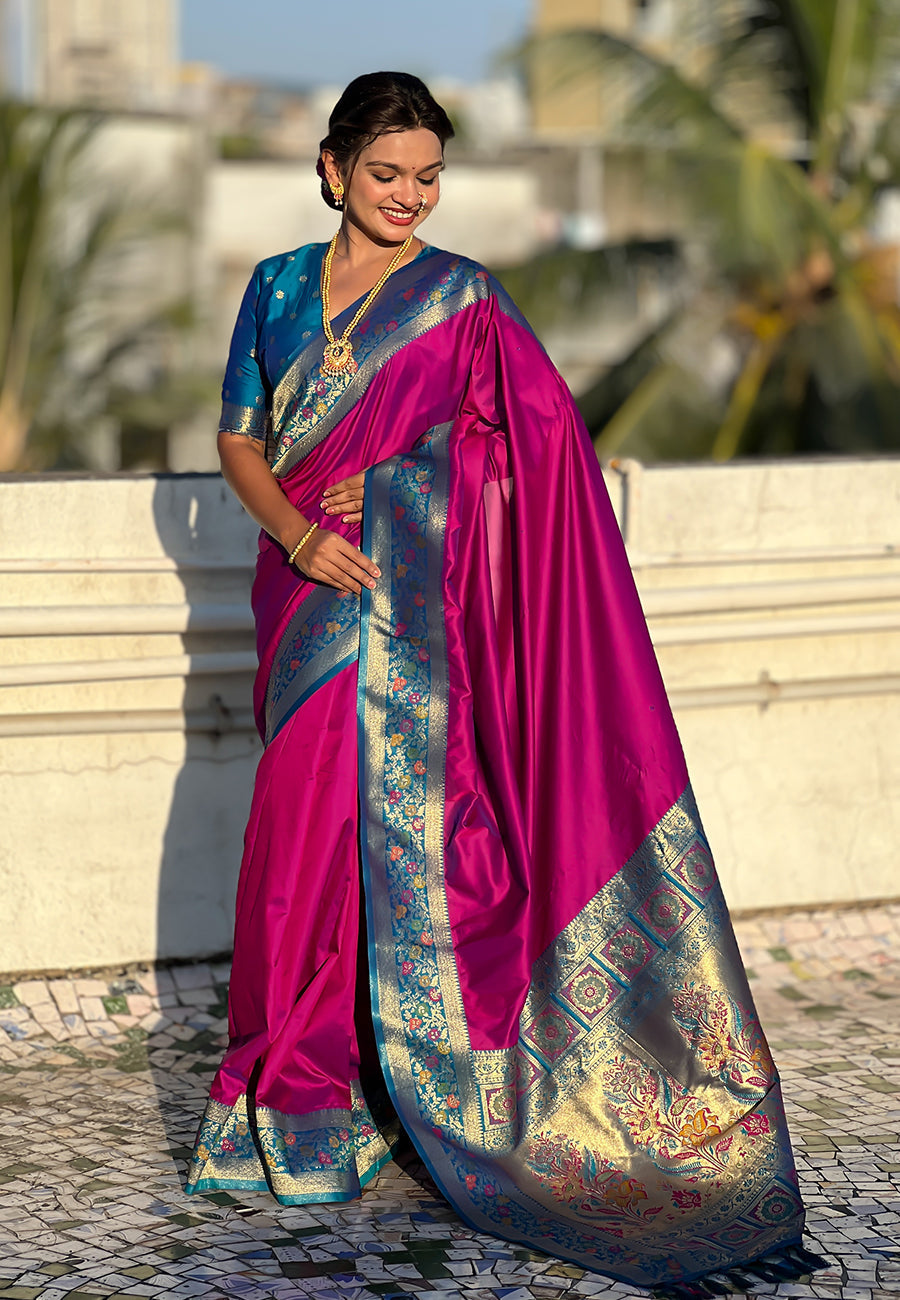 Magenta gala silk saree with paithani pallu kadiyal zari woven saree