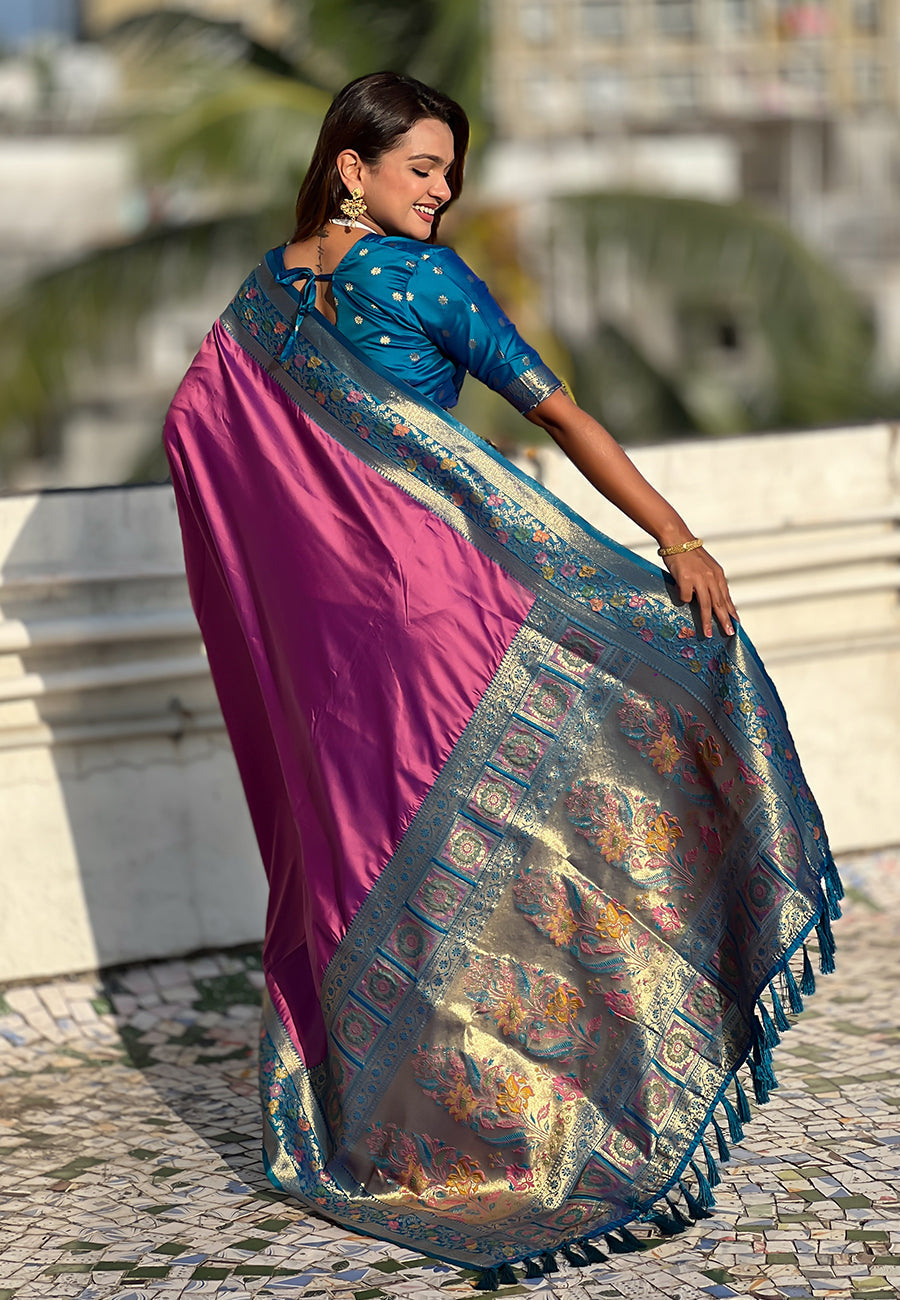 Magenta gala silk saree with paithani pallu kadiyal zari woven saree