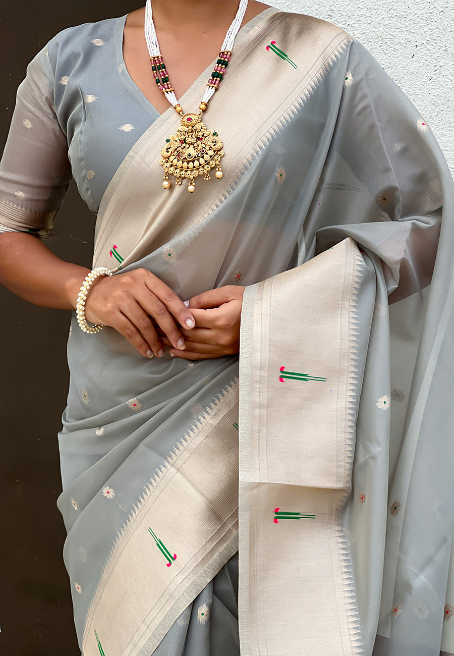 Grey organza paithani zari woven saree