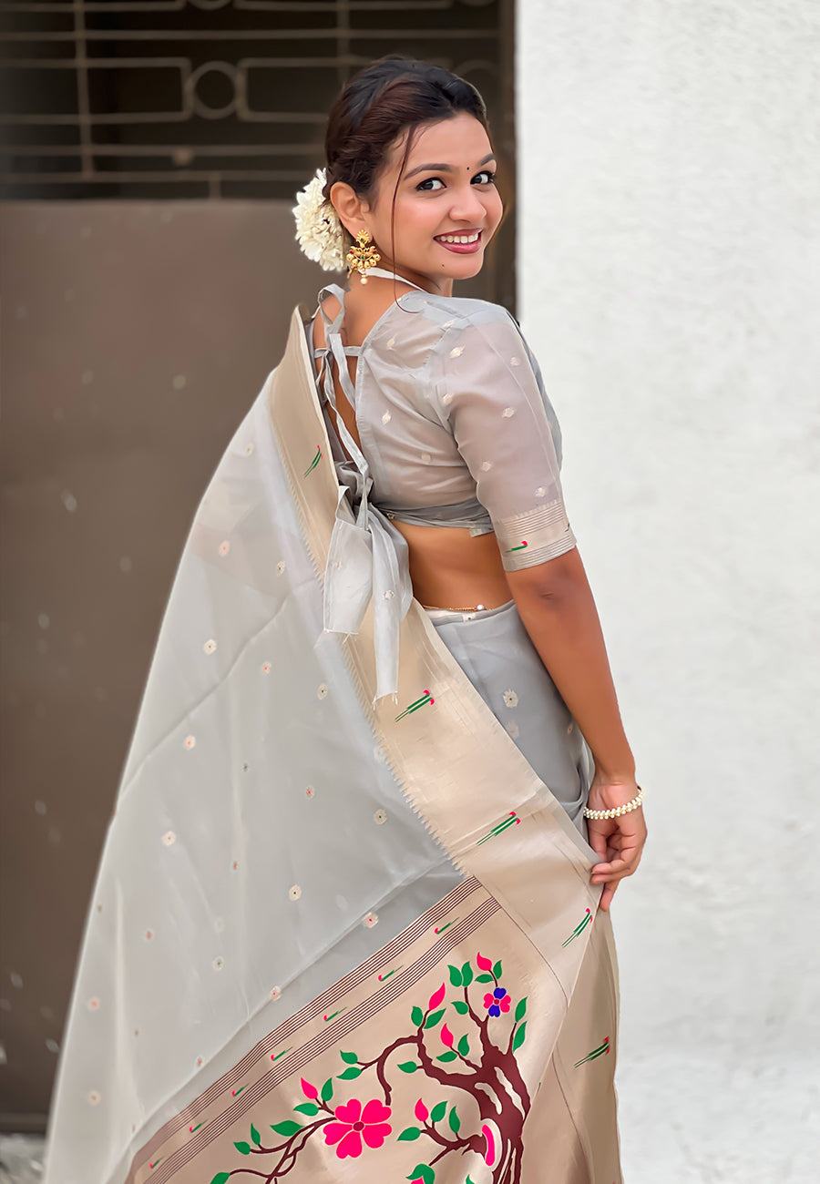 Grey organza paithani zari woven saree