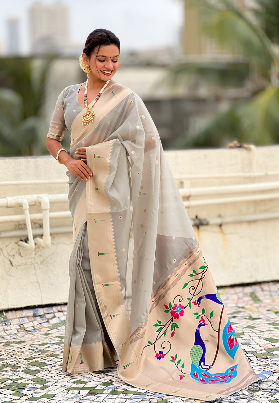 Grey organza paithani zari woven saree