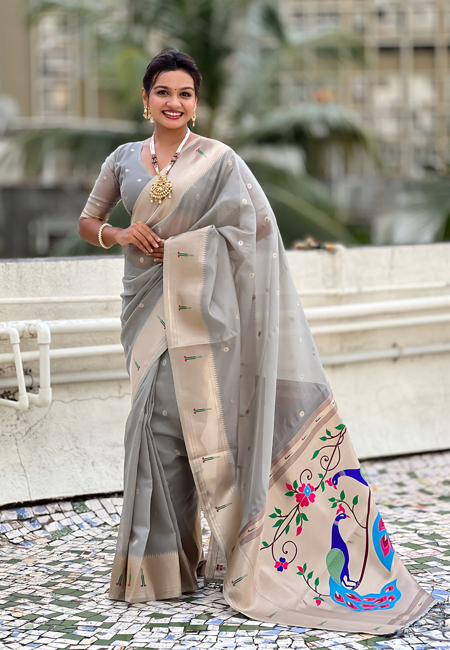 Grey organza paithani zari woven saree
