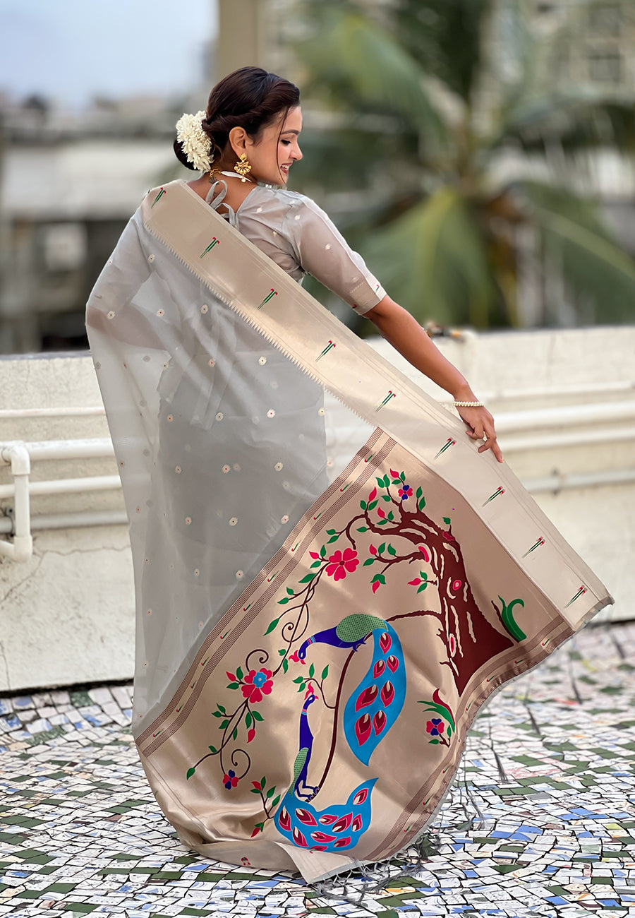 Grey organza paithani zari woven saree