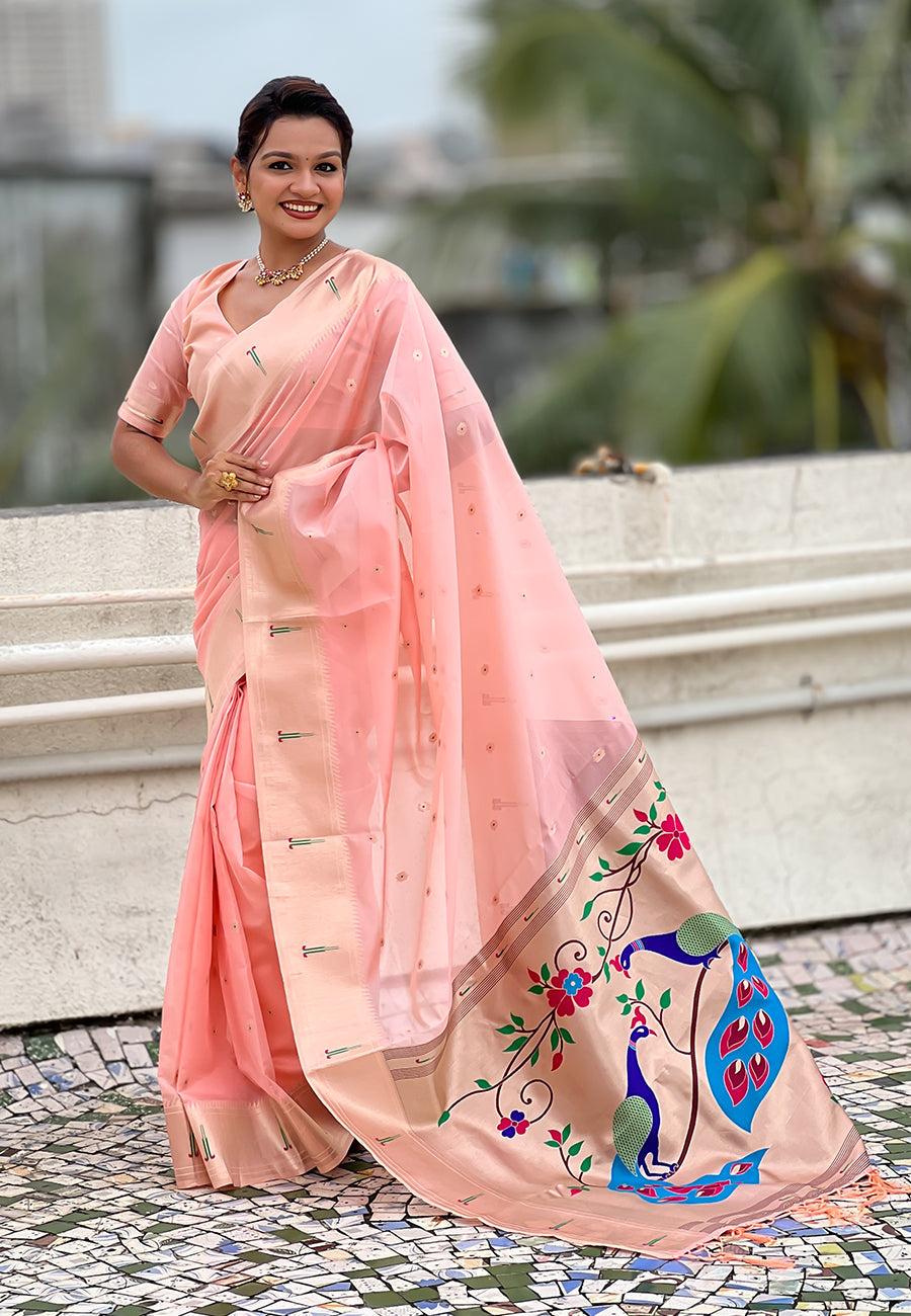 Baby pink organza paithani zari woven saree