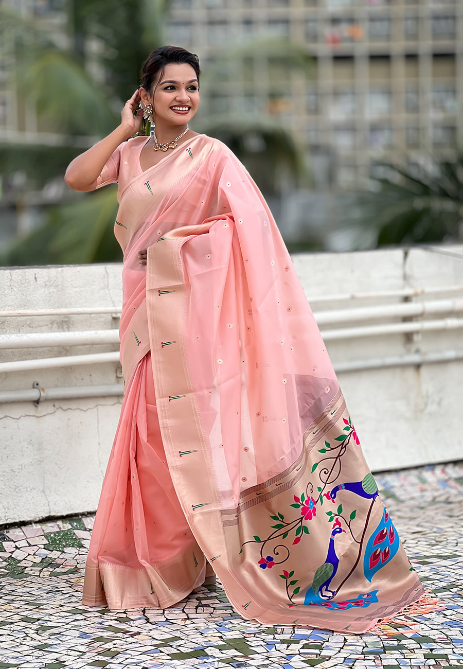 Baby pink organza paithani zari woven saree