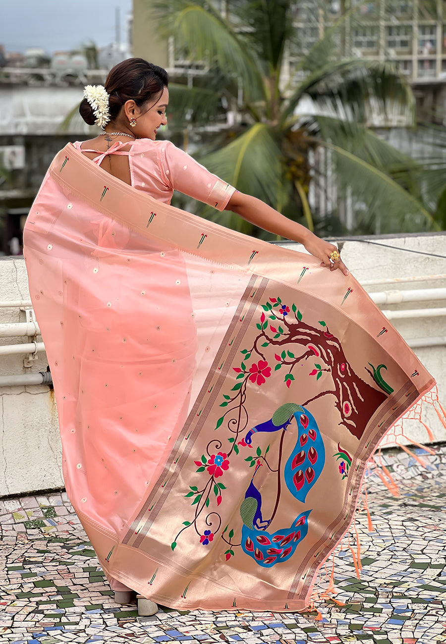 Baby pink organza paithani zari woven saree