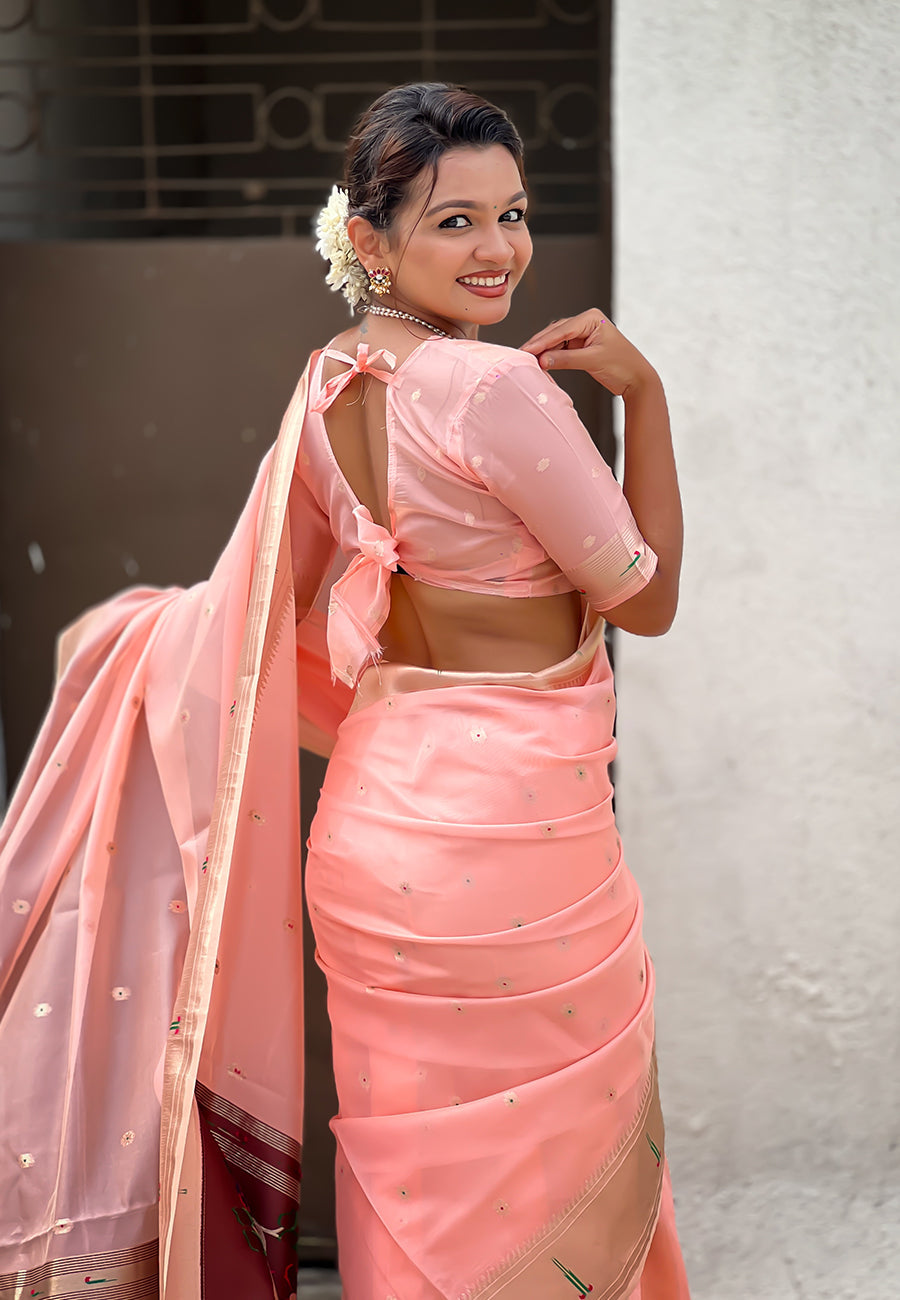 Baby pink organza paithani zari woven saree