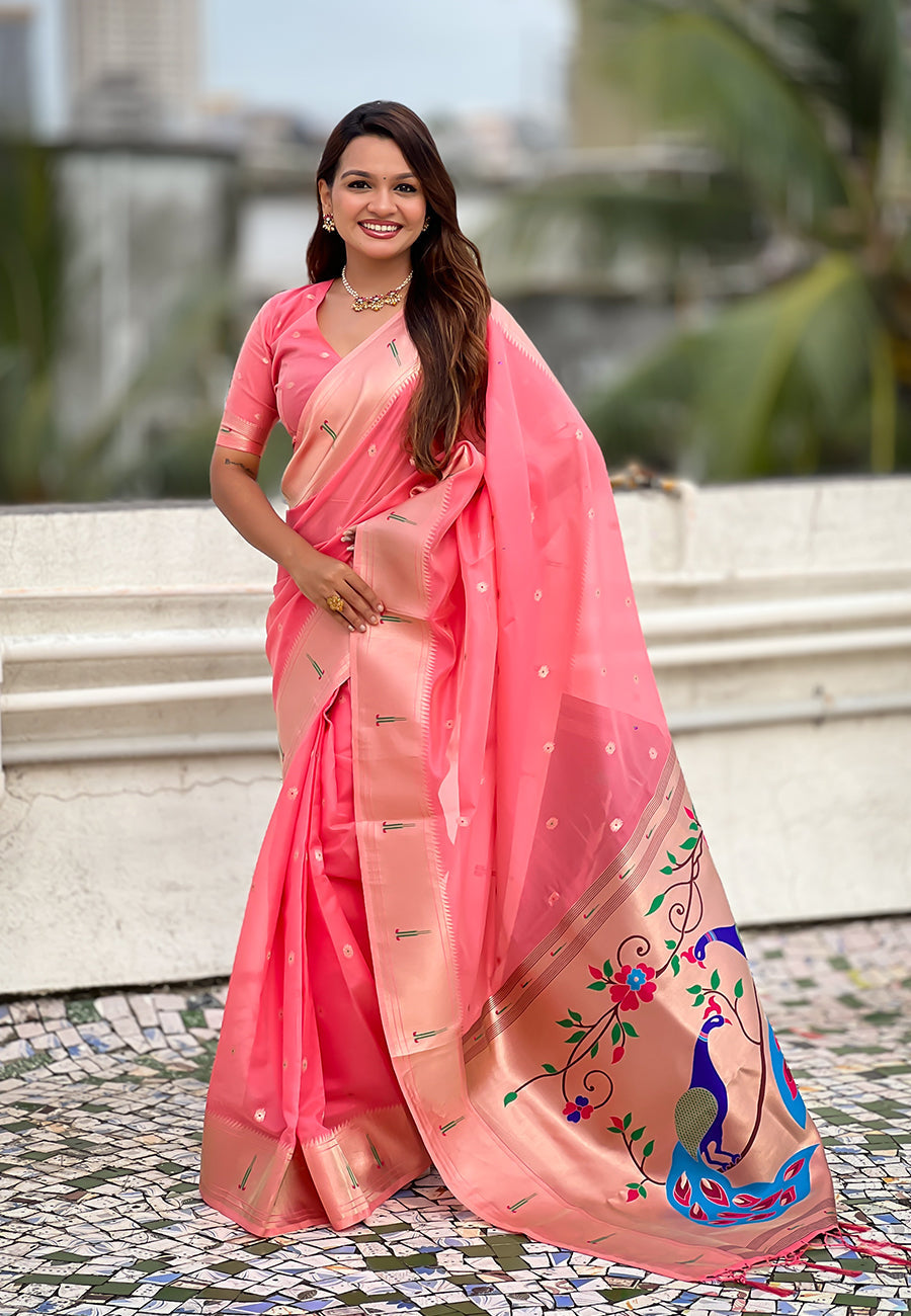 Dark pink organza paithani zari woven saree