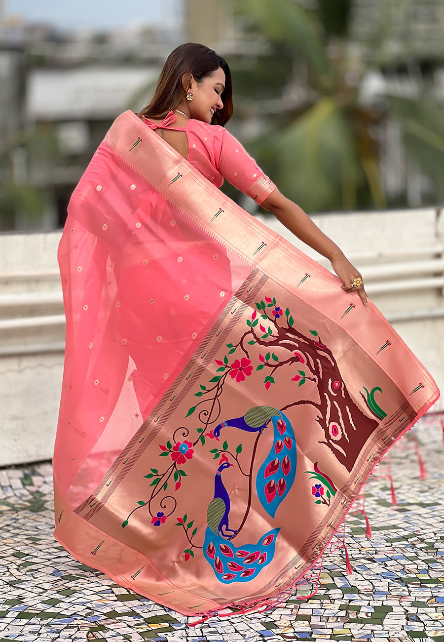 Dark pink organza paithani zari woven saree