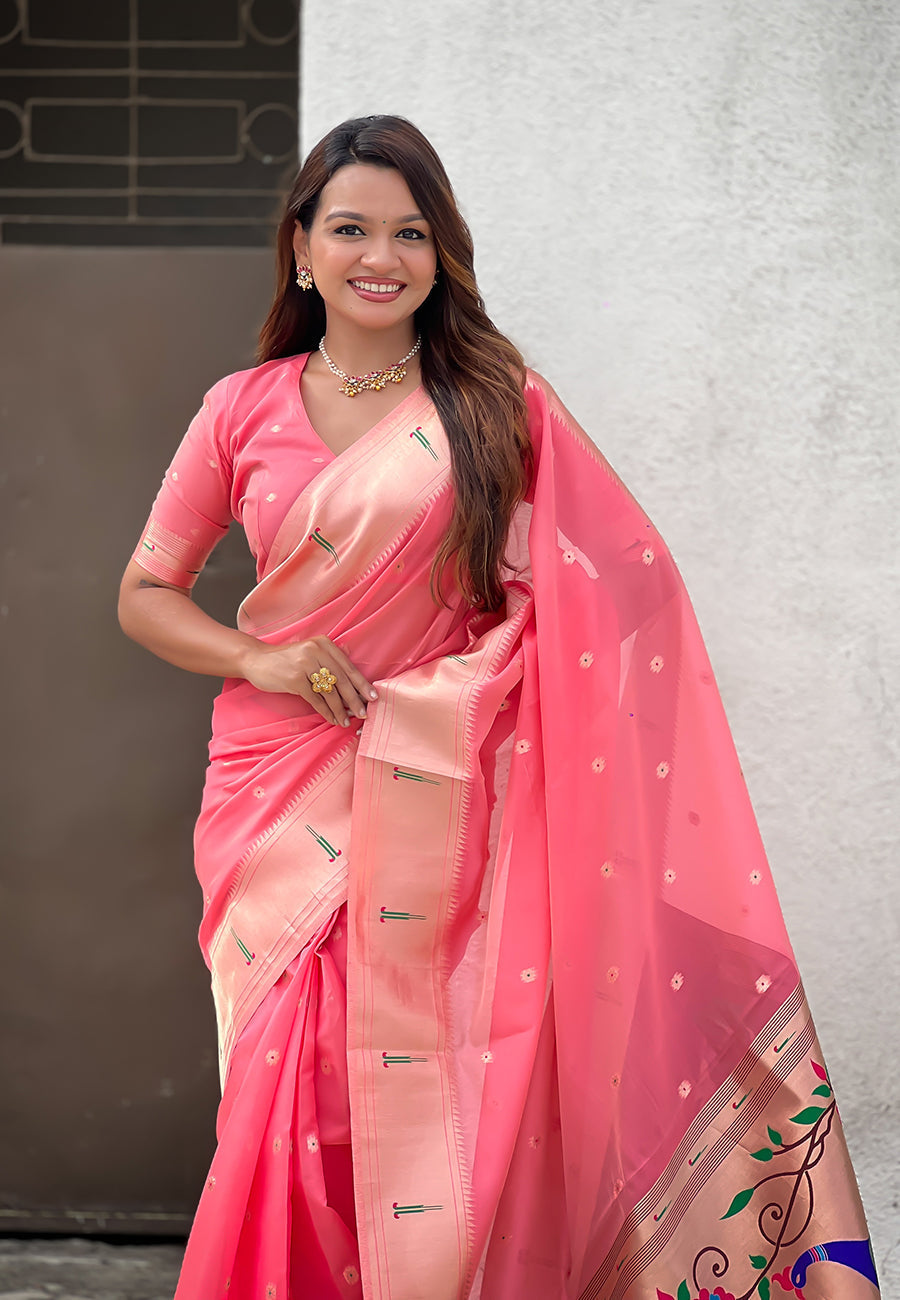 Dark pink organza paithani zari woven saree
