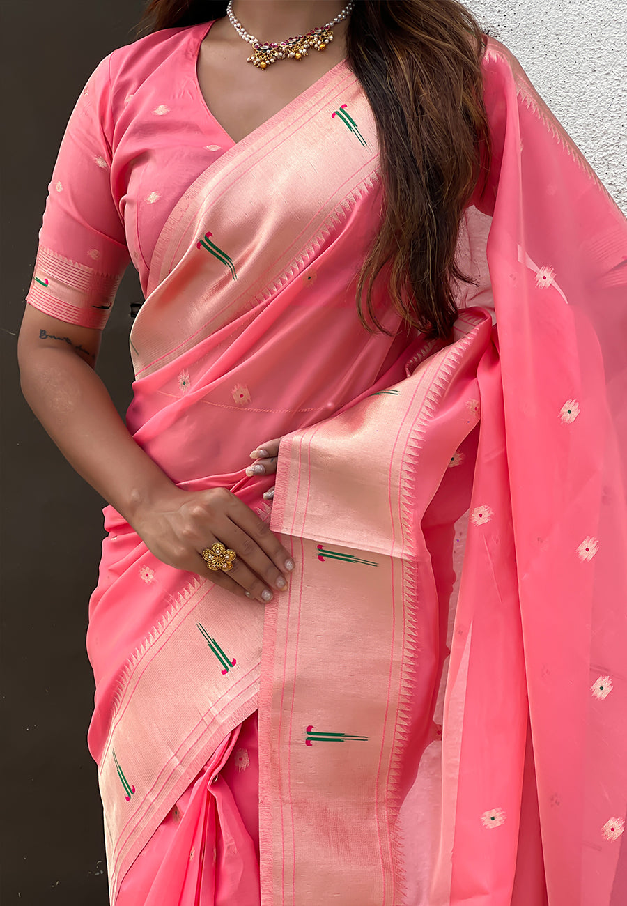 Dark pink organza paithani zari woven saree