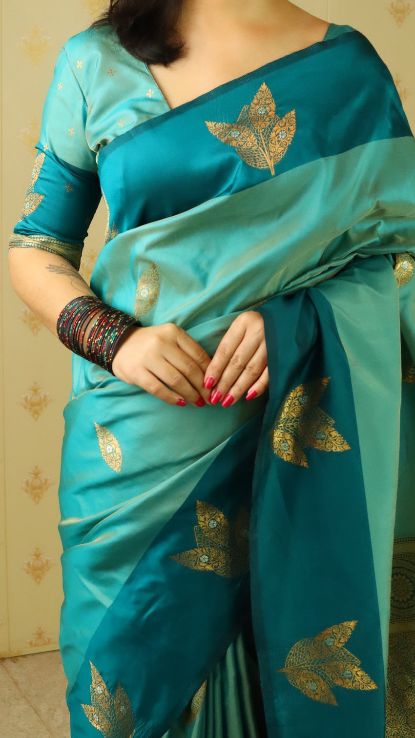 Blue soft silk dusty concept floral zari woven saree
