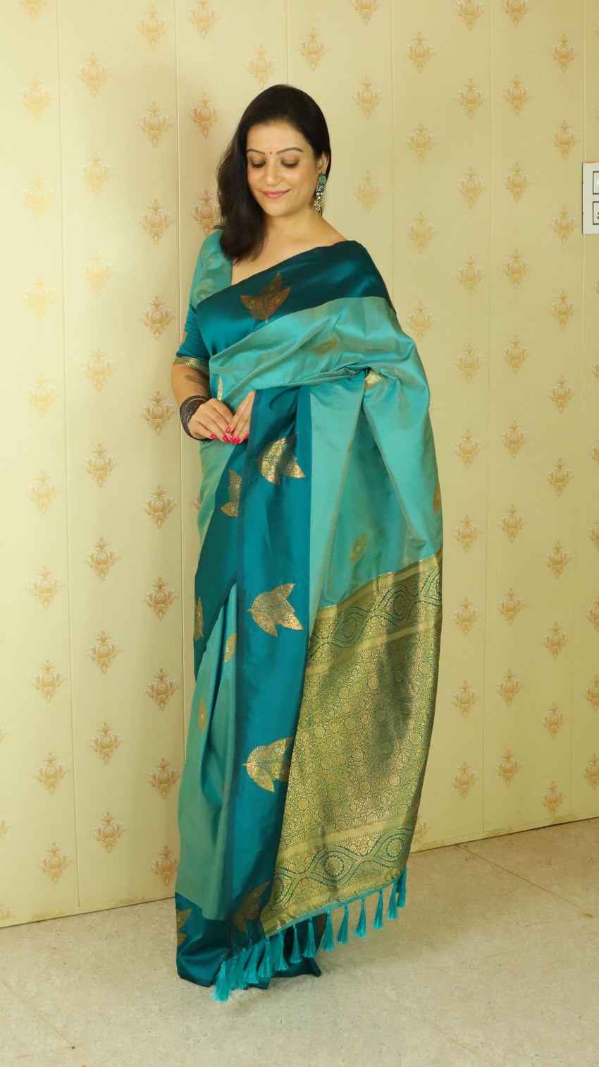 Blue soft silk dusty concept floral zari woven saree