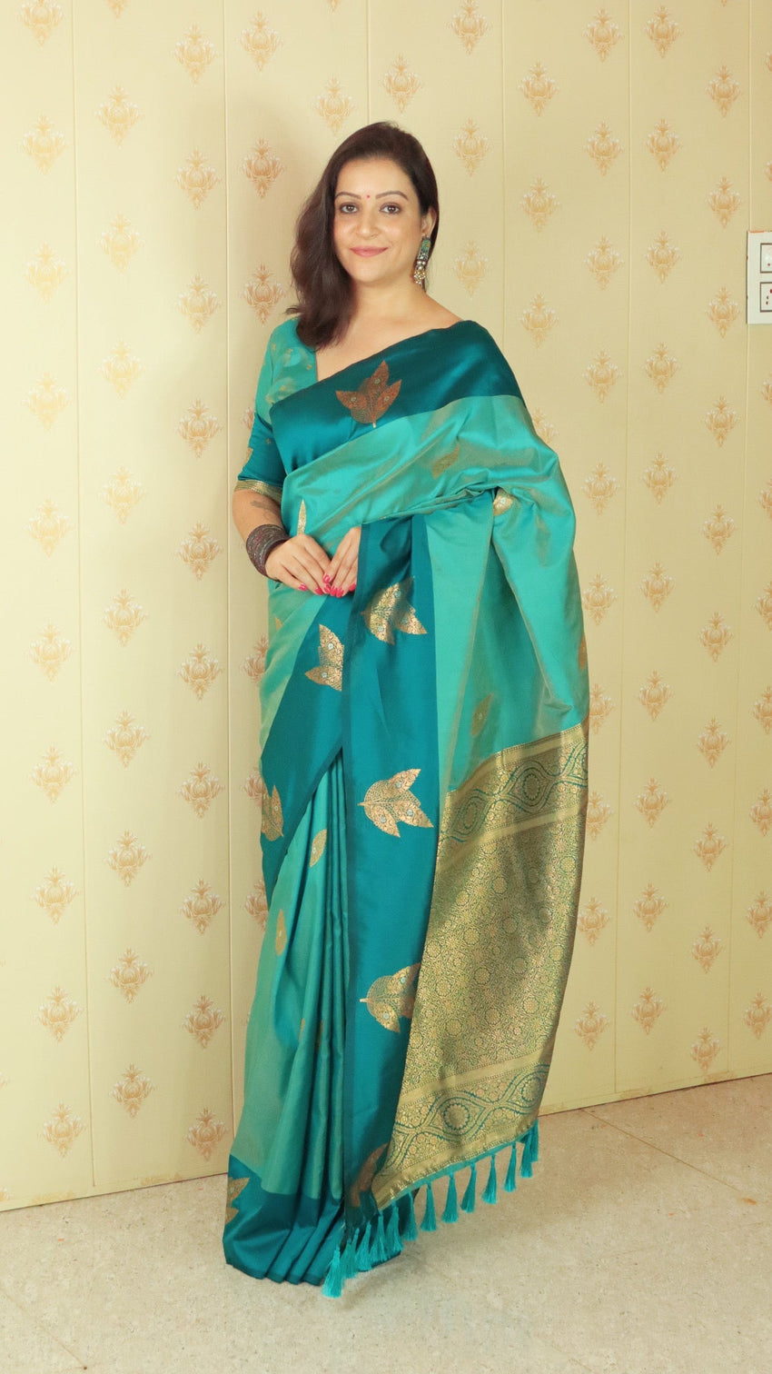 Blue soft silk dusty concept floral zari woven saree