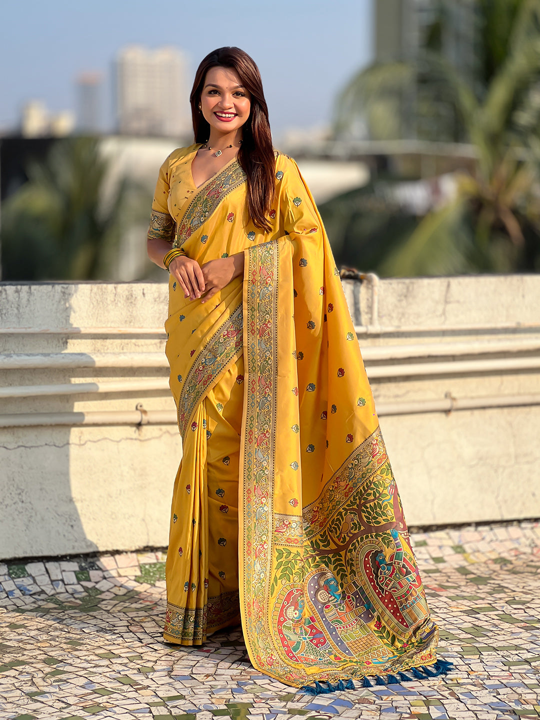 Dark yellow baluchari silk zari woven saree